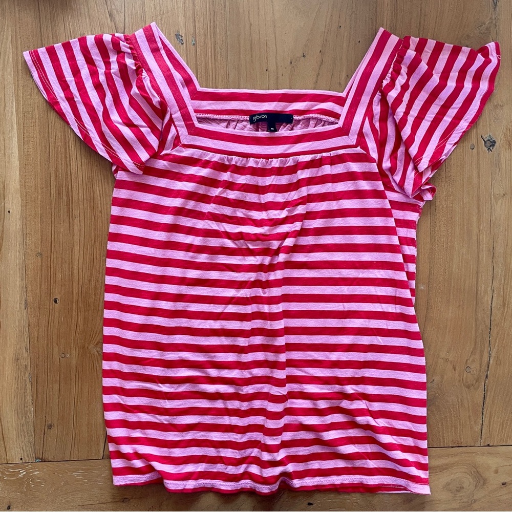 Gibson Soft Cotton Blend Striped Ruffle Sleeve Top